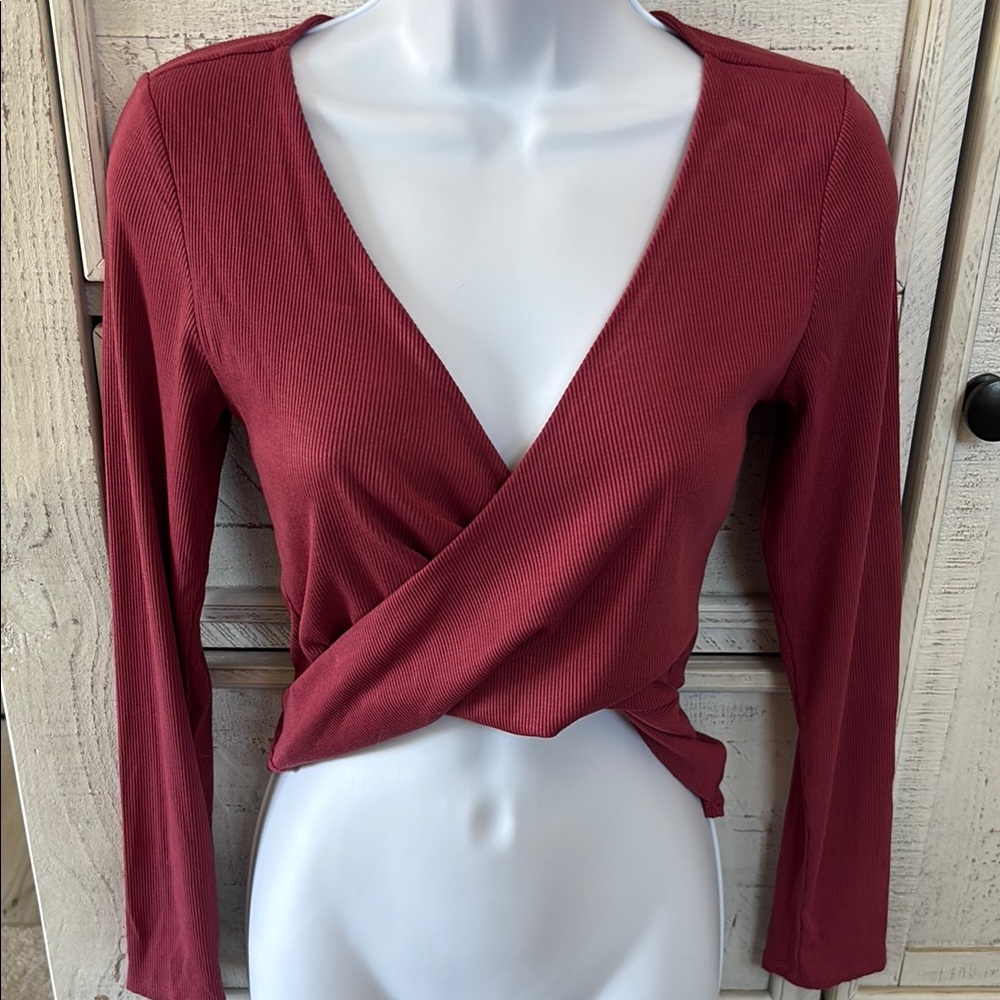 Red Long Sleeve Fitted Wrap Blouse